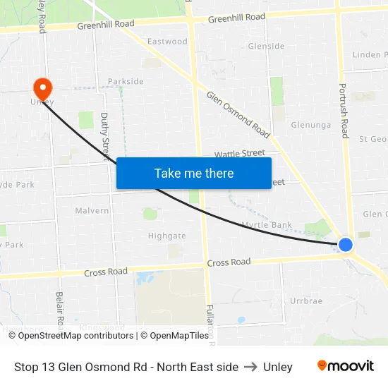 Stop 13 Glen Osmond Rd - North East side to Unley map