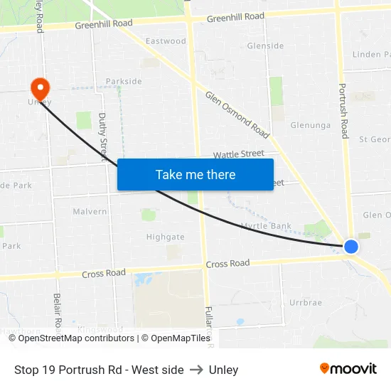 Stop 19 Portrush Rd - West side to Unley map
