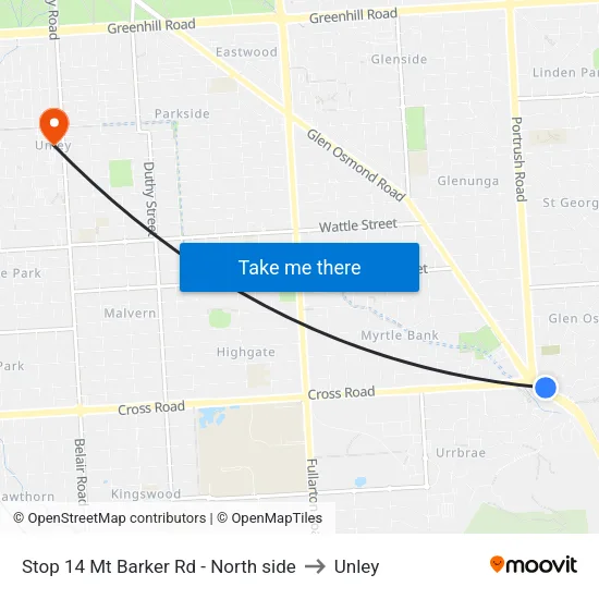 Stop 14 Mt Barker Rd - North side to Unley map