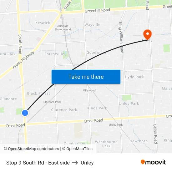 Stop 9 South Rd - East side to Unley map