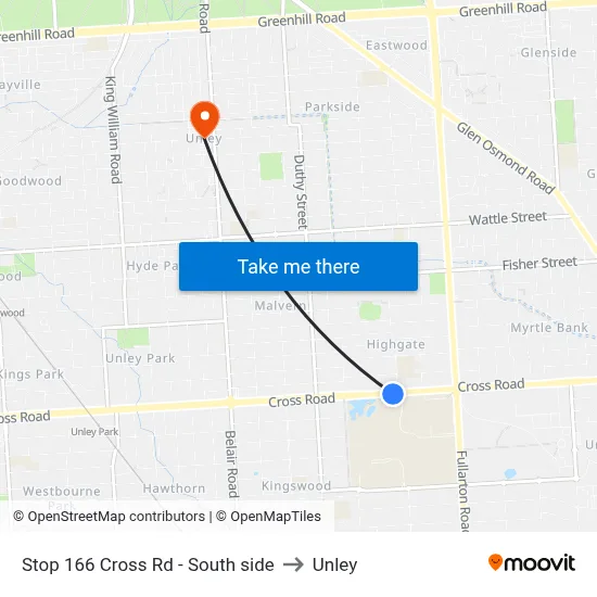 Stop 166 Cross Rd - South side to Unley map