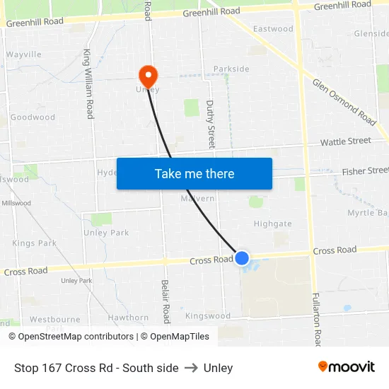 Stop 167 Cross Rd - South side to Unley map