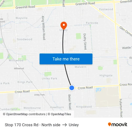 Stop 170 Cross Rd - North side to Unley map