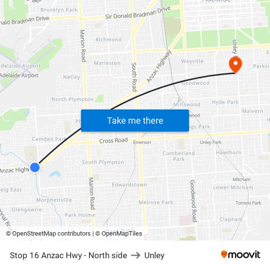 Stop 16 Anzac Hwy - North side to Unley map