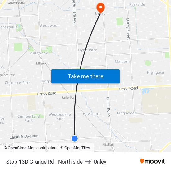 Stop 13D Grange Rd - North side to Unley map