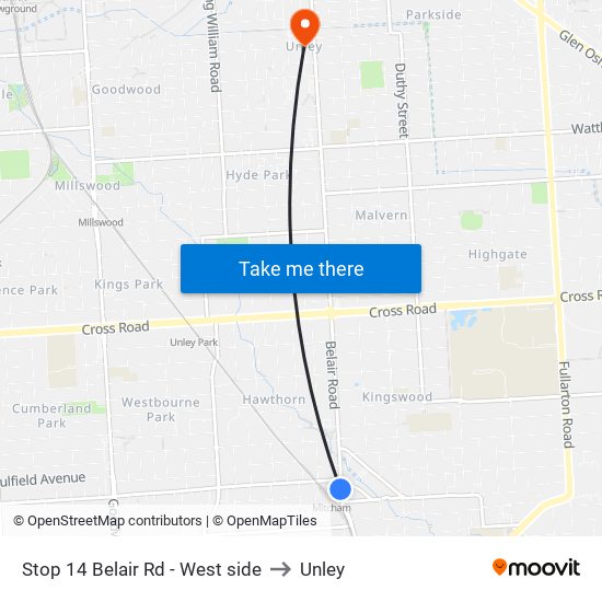 Stop 14 Belair Rd - West side to Unley map
