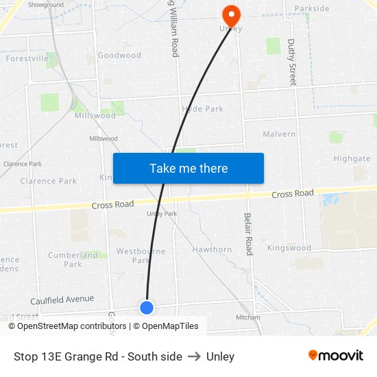 Stop 13E Grange Rd - South side to Unley map