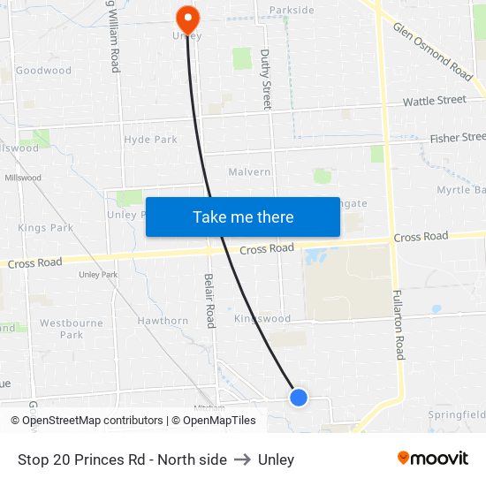 Stop 20 Princes Rd - North side to Unley map