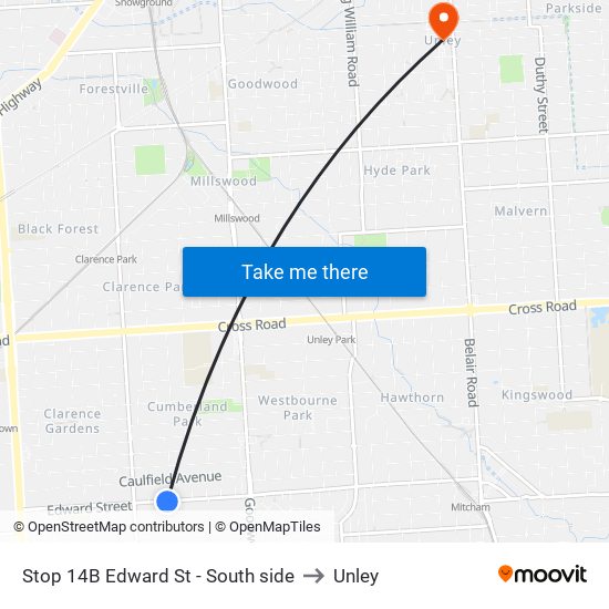 Stop 14B Edward St - South side to Unley map