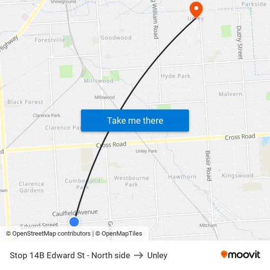 Stop 14B Edward St - North side to Unley map