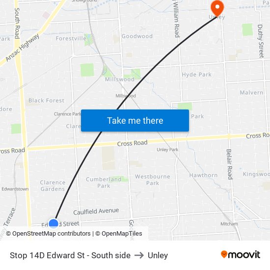 Stop 14D Edward St - South side to Unley map