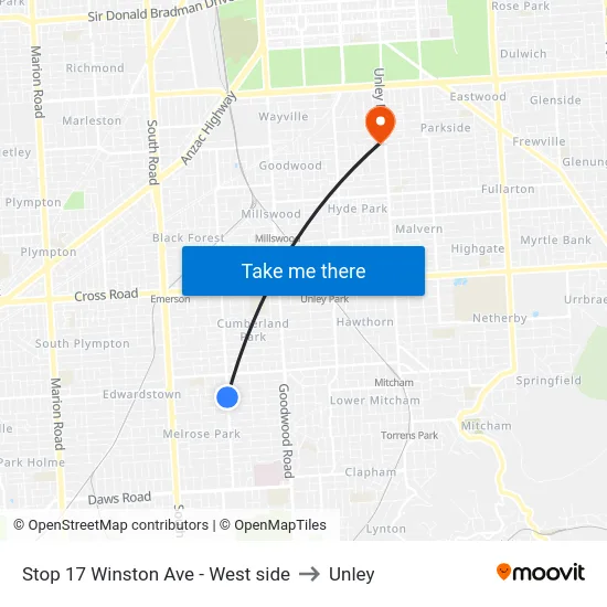 Stop 17 Winston Ave - West side to Unley map