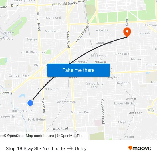 Stop 18 Bray St - North side to Unley map