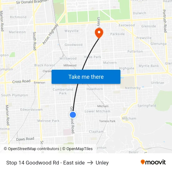 Stop 14 Goodwood Rd - East side to Unley map