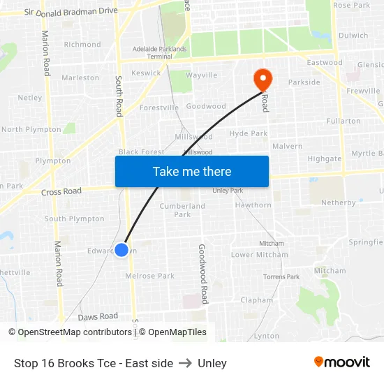 Stop 16 Brooks Tce - East side to Unley map