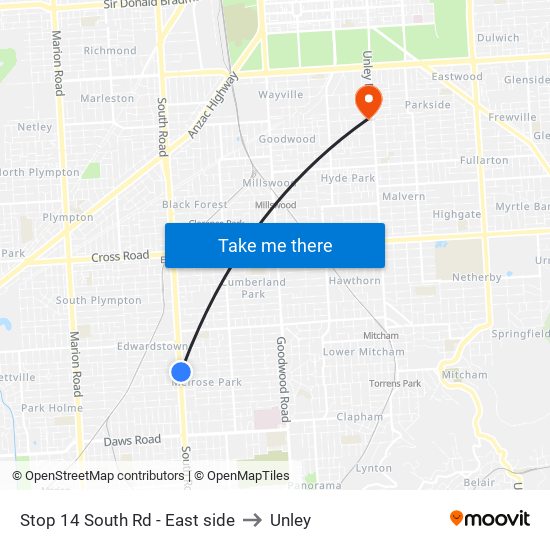Stop 14 South Rd - East side to Unley map