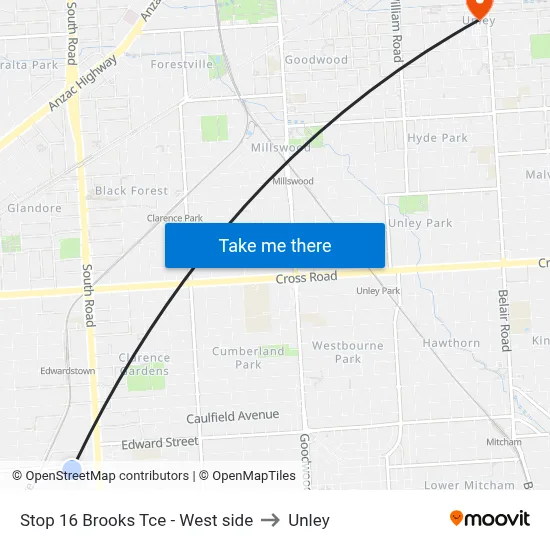 Stop 16 Brooks Tce - West side to Unley map