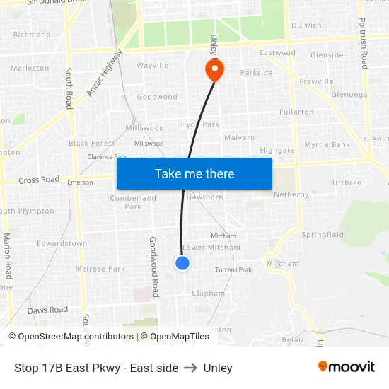 Stop 17B East Pkwy - East side to Unley map