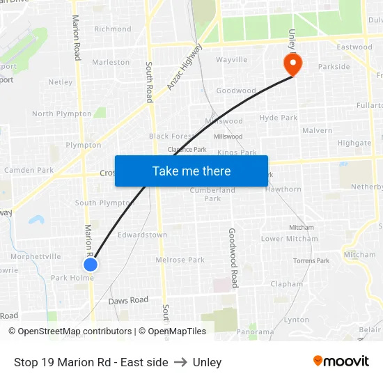 Stop 19 Marion Rd - East side to Unley map