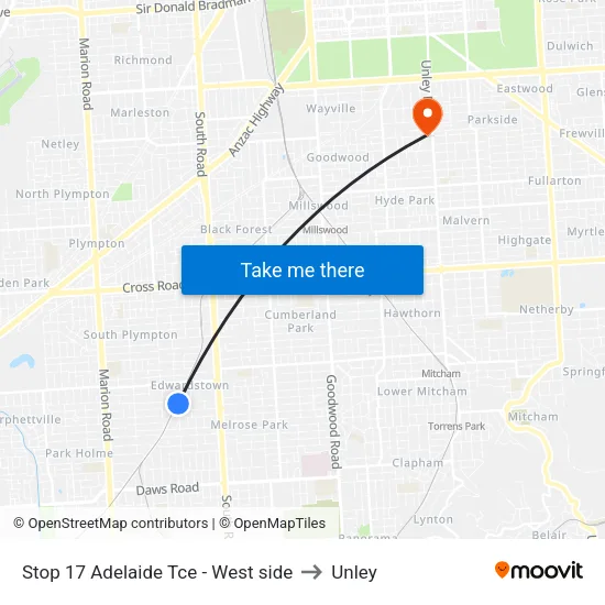 Stop 17 Adelaide Tce - West side to Unley map
