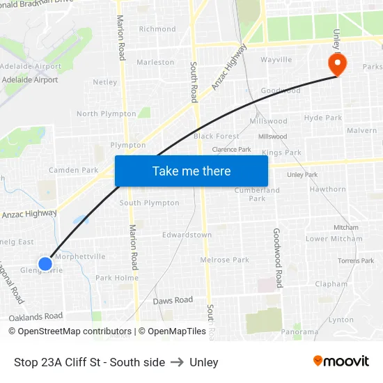Stop 23A Cliff St - South side to Unley map