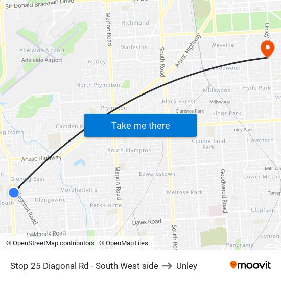 Stop 25 Diagonal Rd - South West side to Unley map