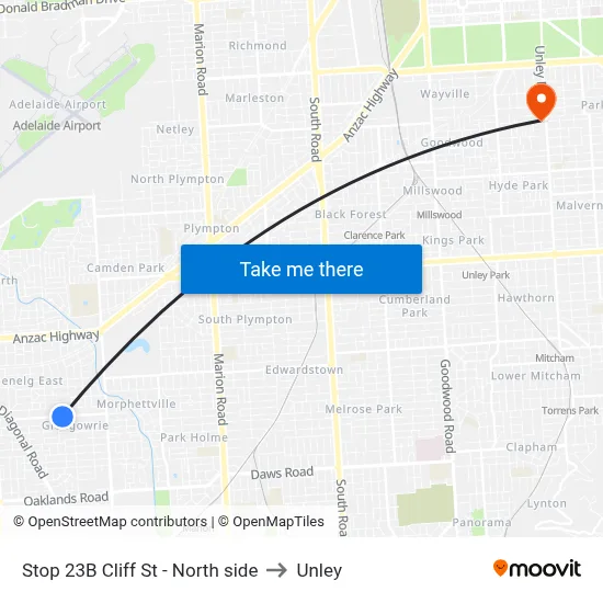 Stop 23B Cliff St - North side to Unley map