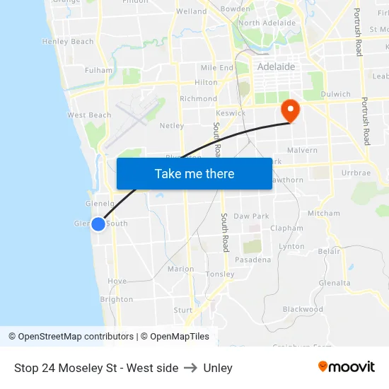 Stop 24 Moseley St - West side to Unley map