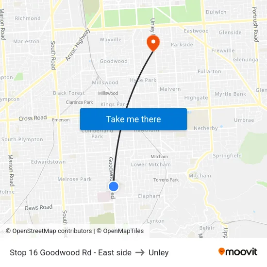 Stop 16 Goodwood Rd - East side to Unley map