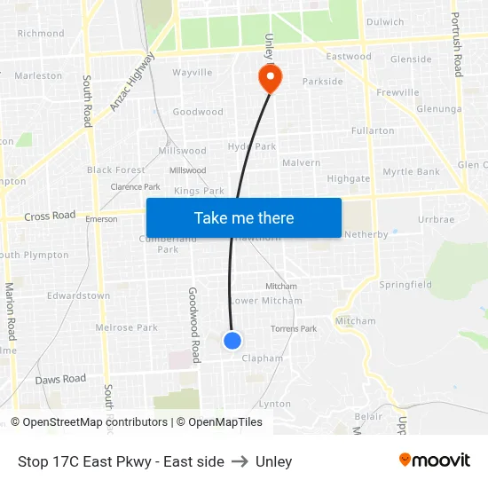 Stop 17C East Pkwy - East side to Unley map