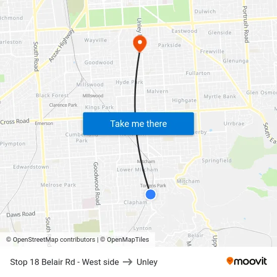 Stop 18 Belair Rd - West side to Unley map