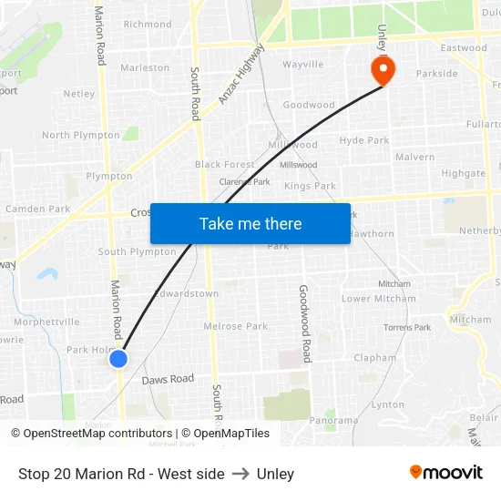 Stop 20 Marion Rd - West side to Unley map