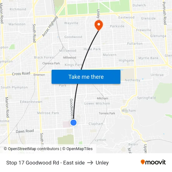 Stop 17 Goodwood Rd - East side to Unley map