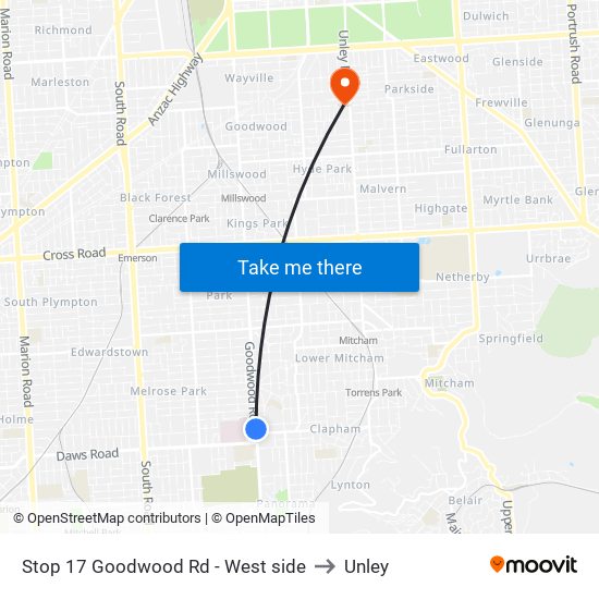 Stop 17 Goodwood Rd - West side to Unley map