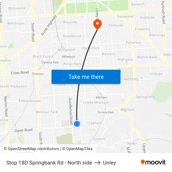 Stop 18D Springbank Rd - North side to Unley map