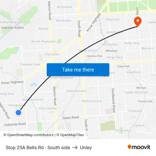 Stop 25A Bells Rd - South side to Unley map