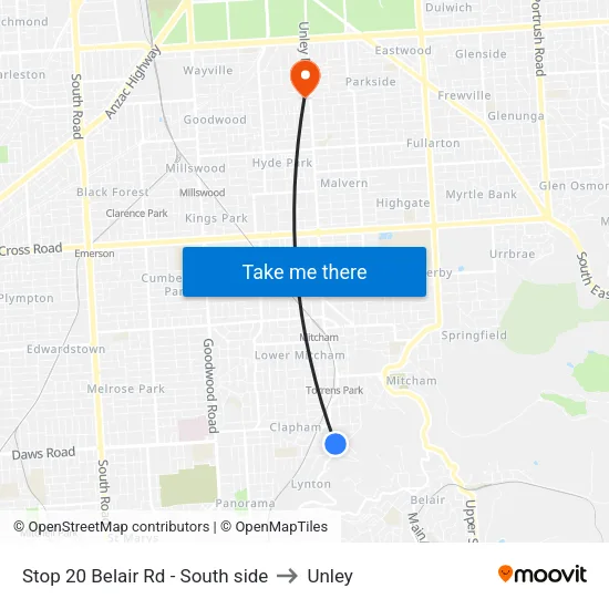 Stop 20 Belair Rd - South side to Unley map