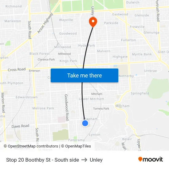 Stop 20 Boothby St - South side to Unley map