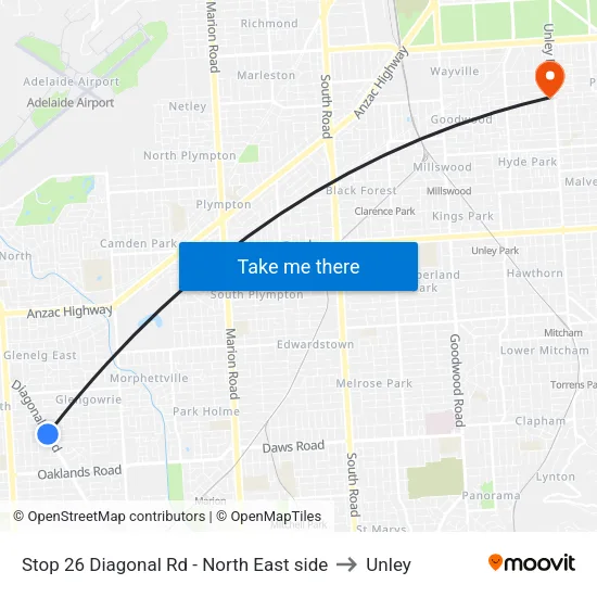 Stop 26 Diagonal Rd - North East side to Unley map