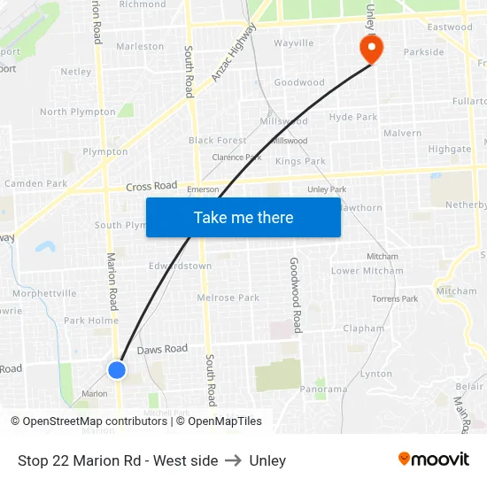 Stop 22 Marion Rd - West side to Unley map