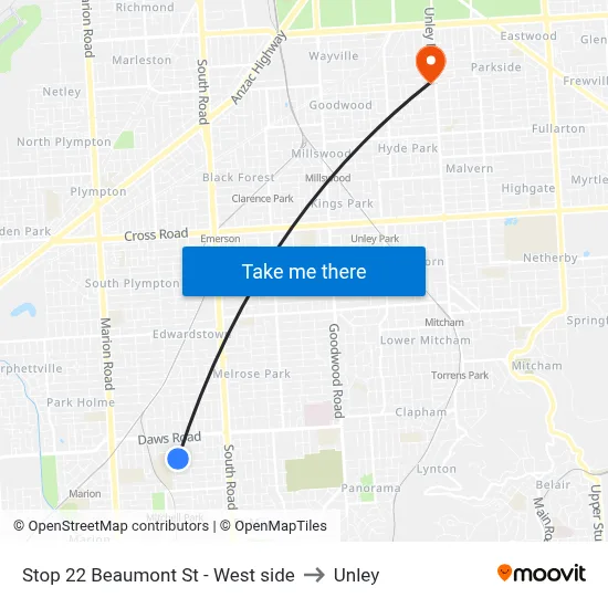 Stop 22 Beaumont St - West side to Unley map