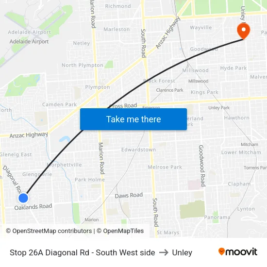 Stop 26A Diagonal Rd - South West side to Unley map