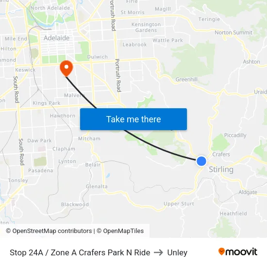 Stop 24A / Zone A Crafers Park N Ride to Unley map