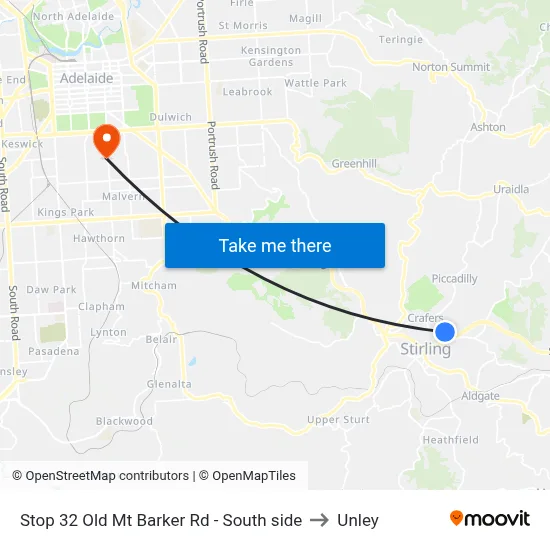 Stop 32 Old Mt Barker Rd - South side to Unley map