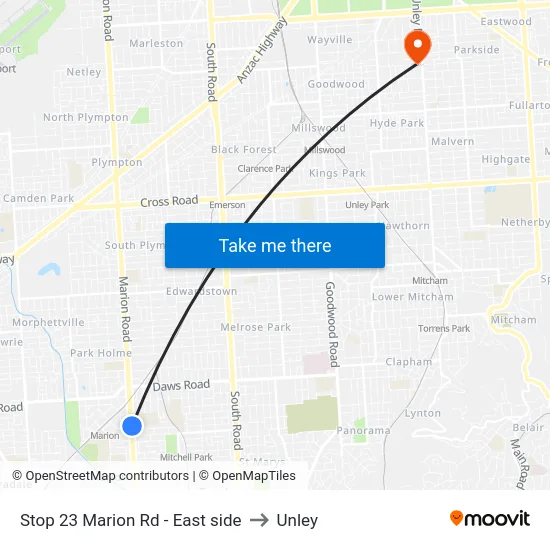 Stop 23 Marion Rd - East side to Unley map