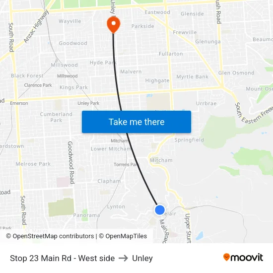 Stop 23 Main Rd - West side to Unley map