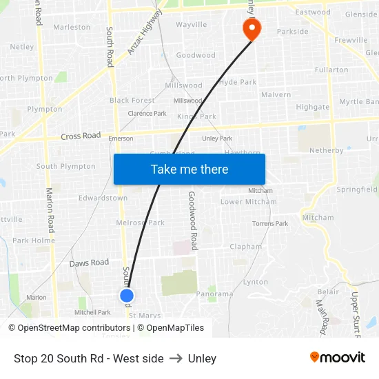 Stop 20 South Rd - West side to Unley map