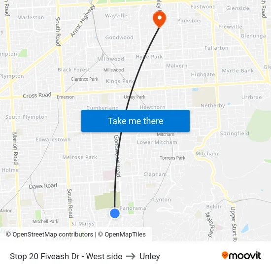 Stop 20 Fiveash Dr - West side to Unley map