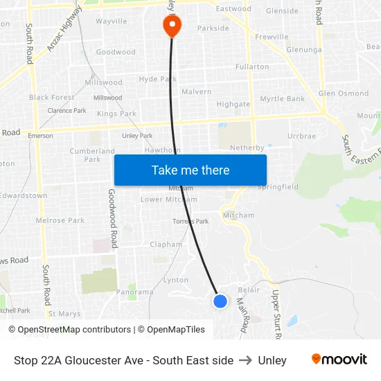 Stop 22A Gloucester Ave - South East side to Unley map