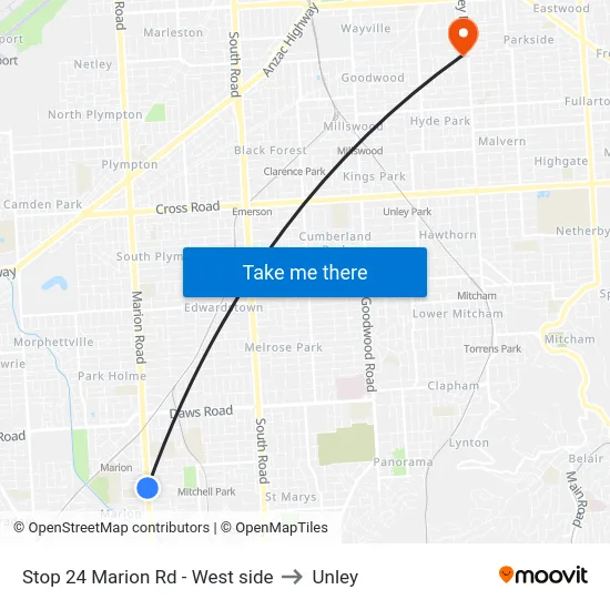 Stop 24 Marion Rd - West side to Unley map